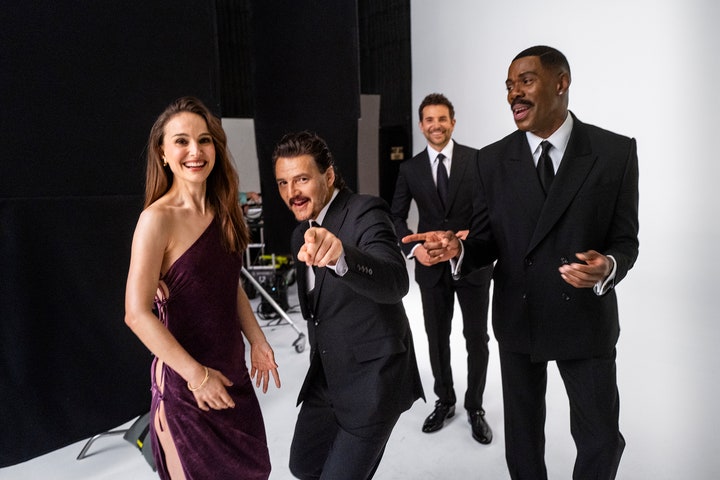 From left Natalie Portman Pedro Pascal Bradley Cooper and Colman Domingo on the set of Vanity Fairs 2024 Hollywood...