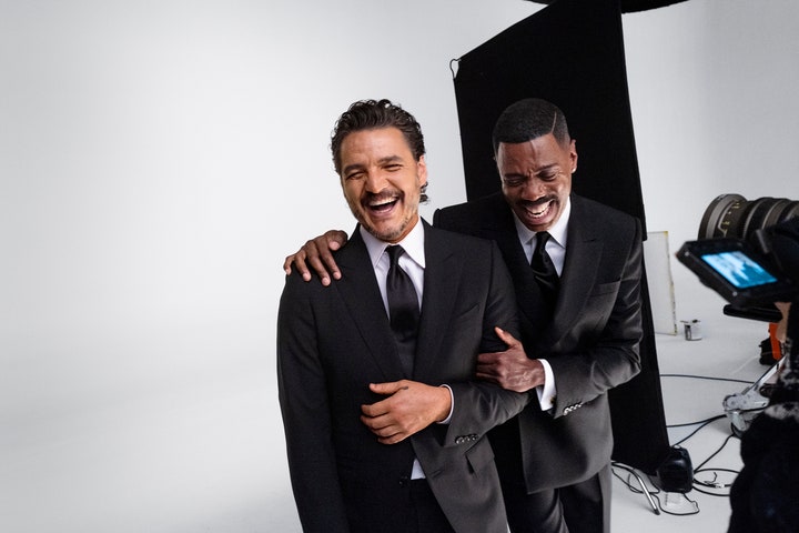 Pedro Pascal and Colman Domingo laughing behind the scenes of Vanity Fairs 2024 Hollywood Portfolio shoot. Pedro Pascals...